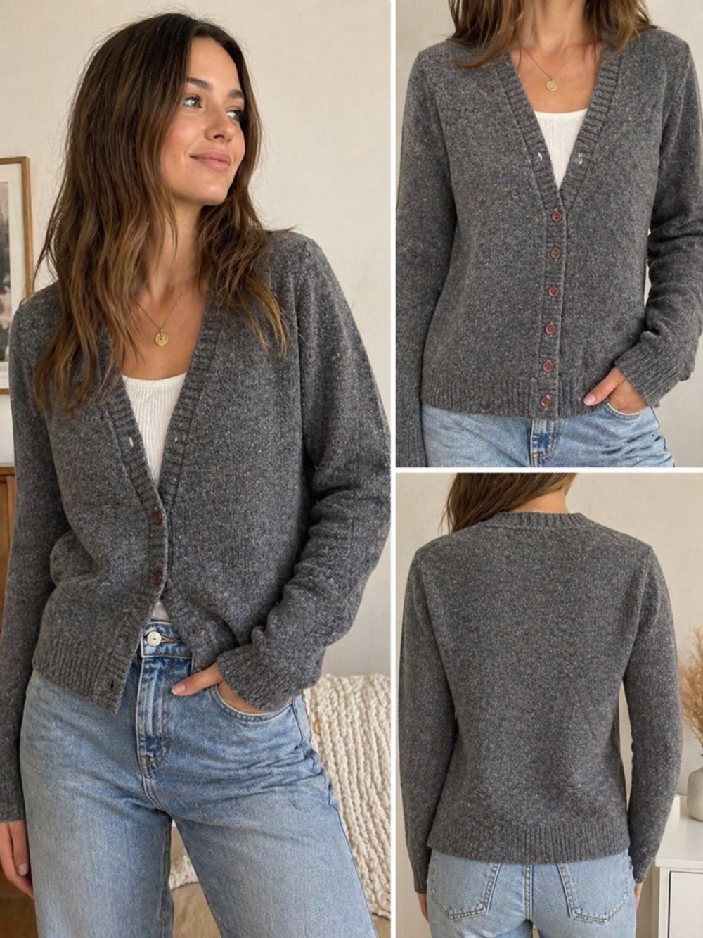 Vintage Sears Shetland Wool Cardigan Gray Button Front Size 38 USA Made